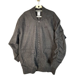 Nike Tech Pack L Oversized $345 Flannel Bomber Jacket Long Coat Zip Front Gray